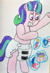 Size: 2342x3390 | Tagged: safe, artist:bitter sweetness, derpibooru import, starlight glimmer, pony, unicorn, g4, g5, adult foal, cutie mark, cutie mark theft, diaper, diaper fetish, evil grin, fetish, glow, glowing horn, grin, horn, image, implied izzy moonbow, implied pipp petals, implied sunny starscout, implied zipp storm, jpeg, levitation, magic, non-baby in diaper, poofy diaper, s5 starlight, simple background, smiling, solo, telekinesis, traditional art, white background