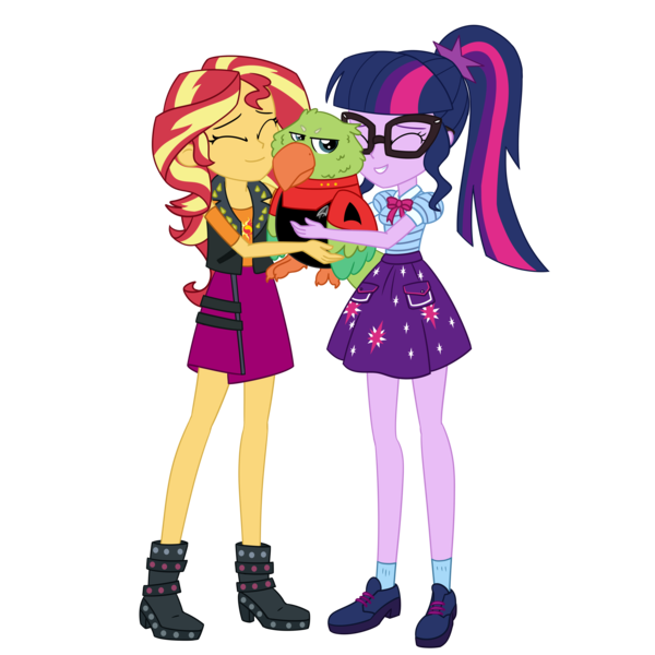 Size: 3000x3000 | Tagged: safe, artist:nie-martw-sie-o-mnie, derpibooru import, sci-twi, sunset shimmer, twilight sparkle, oc, oc:commander inat'p, alien, bird, parakeet, equestria girls, g4, commission, commissioner:jrshinkansenhorse, crossover, cute, female, first officer, hug, image, it's not about the parakeet, lesbian, melopsittian, my little pony equestria girls: better together, png, ship:sci-twishimmer, shipping, star trek, star trek: sunset shimmer, sunsetsparkle, unamused