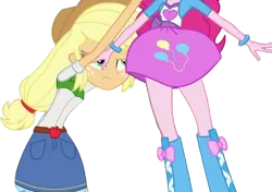 Size: 3587x2520 | Tagged: safe, derpibooru import, edit, edited screencap, editor:homersimpson1983, screencap, applejack, pinkie pie, human, equestria girls, g4, background removed, belt, boots, clothes, cowboy hat, duo, duo female, female, hat, high heel boots, image, jacket, not a vector, png, shirt, shoes, skirt, vest