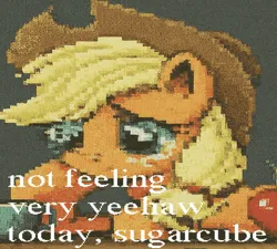 Size: 720x647 | Tagged: safe, derpibooru import, applejack, earth pony, pony, g4, alcohol, apple, applejack is not amused, beer, deep fried meme, drunk, female, food, freckles, hat, hoof on cheek, image, mare, meme, needs more jpeg, png, sad, solo, text, unamused