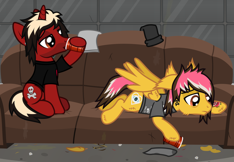 Size: 2396x1660 | Tagged: safe, artist:lightningbolt, derpibooru import, ponified, pegasus, pony, unicorn, .svg available, alcohol, alex gaskarth, all time low, bags under eyes, butt fluff, cheek fluff, clothes, couch, cup, derpibooru exclusive, drink, drinking, drunk, duo, duo male, dyed mane, dyed tail, ear fluff, ear piercing, facial hair, floppy ears, frown, hoof fluff, hoof hold, horn, image, jack barakat, lidded eyes, looking down, lying down, male, messy room, partially open wings, piercing, png, prone, sad, shirt, show accurate, sitting, stallion, t-shirt, tail, tattoo, vector, wing fluff, wings