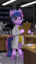 Size: 2160x3840 | Tagged: safe, artist:owlpirate, derpibooru import, sci-twi, twilight sparkle, pony, semi-anthro, unicorn, equestria girls, g4, 3d, 4k, clipboard, clothes, equestria girls ponified, female, glasses, high res, horn, image, lab coat, laboratory, looking at you, mare, png, smiling, smiling at you, solo, source filmmaker, unicorn sci-twi