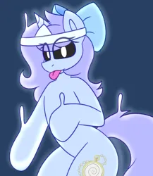 Size: 3856x4440 | Tagged: safe, artist:askhypnoswirl, derpibooru import, oc, oc:swirly daze, ghost, ghost pony, pony, undead, unicorn, bow, commission, female, hair bow, horn, image, looking at you, mare, png, solo, tongue out, unicorn oc