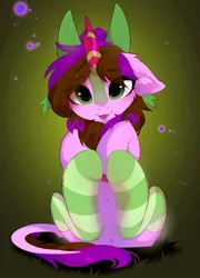 Size: 1471x2048 | Tagged: safe, artist:empress-twilight, ponerpics import, oc, unofficial characters only, kirin, pony, abstract background, clothes, female, hooves, image, jpeg, kirin oc, looking at you, mare, sitting, socks, striped socks, tongue out