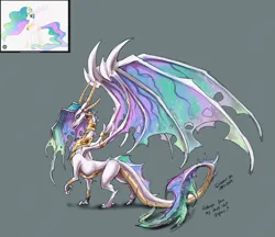 Size: 2064x1785 | Tagged: safe, artist:sevour, derpibooru import, princess celestia, dragon, colored, concave belly, dragoness, dragonified, female, holes in wings, image, impossibly large wings, jewelry, jpeg, large wings, long tail, quadrupedal, regalia, scaled underbelly, sketch, slender, solo, species swap, starry tail, starry wings, tail, thin, vein, veiny wings, wings