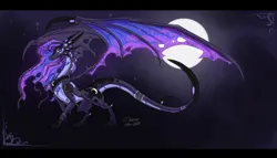 Size: 2542x1449 | Tagged: safe, artist:sevour, derpibooru import, princess luna, dragon, concave belly, countershading, dragoness, dragonified, female, holes in wings, image, jpeg, large wings, long tail, moon, night, quadrupedal, slender, solo, species swap, tail, thin, wings