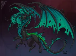 Size: 2217x1662 | Tagged: safe, artist:sevour, derpibooru import, queen chrysalis, dragon, concave belly, dragoness, dragonified, female, flying, holes in wings, image, large wings, long tail, open mouth, png, quadrupedal, scaled underbelly, slender, solo, species swap, tail, thin, wings