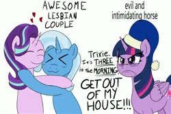 Size: 3556x2356 | Tagged: safe, artist:ligmire, derpibooru import, starlight glimmer, trixie, twilight sparkle, twilight sparkle (alicorn), alicorn, unicorn, g4, female, hat, horn, hug, image, jpeg, lesbian, meme, nightcap, shipping, simple background, startrix, trio, trio female, white background