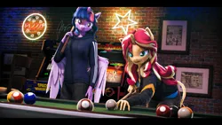 Size: 9600x5400 | Tagged: safe, artist:imafutureguitarhero, derpibooru import, sci-twi, sunset shimmer, twilight sparkle, twilight sparkle (alicorn), alicorn, anthro, classical unicorn, pony, unguligrade anthro, unicorn, g4, 3d, 8 ball, absurd file size, absurd resolution, adidas, alicornified, arcade cabinet, arcade game, arm fluff, billiards, black bars, brick wall, casino, chair, cheek fluff, chest fluff, chin fluff, chromatic aberration, clothes, cloven hooves, colored eyebrows, colored eyelashes, colored wings, denim, duo, dutch angle, ear fluff, ear freckles, female, film grain, floppy ears, fluffy, fluffy hair, fluffy mane, fluffy tail, focused, food, freckles, fur, hand freckles, hoodie, horn, image, indoors, jacket, jeans, jpeg, leaning forward, leather, leather jacket, leonine tail, letterboxing, long hair, long mane, long nails, mare, mortal kombat, multicolored hair, multicolored mane, multicolored tail, neck fluff, neon, neon sign, one ear down, open mouth, paintover, pants, peppered bacon, pizza, pool ball, pool table, race swap, revamped anthros, revamped ponies, sci-twilicorn, shirt, signature, smiling, source filmmaker, space invaders, tail, tail fluff, two toned wings, unshorn fetlocks, wall of tags, wing fluff, wing freckles, wings