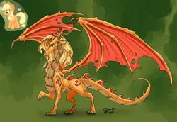 Size: 2314x1592 | Tagged: safe, artist:sevour, derpibooru import, applejack, dragon, abstract background, concave belly, dragoness, dragonified, female, holes in wings, image, jpeg, large wings, long tail, quadrupedal, scaled underbelly, signature, slender, solo, species swap, spread wings, standing, tail, thin, wings