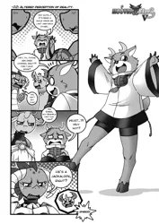 Size: 2500x3523 | Tagged: safe, artist:boastudio, derpibooru import, bramble, princess ember, thorax, anthro, changedling, changeling, deer, dragon, comic:hooves & fins, g4, black and white, comic, dialogue, dragoness, female, grayscale, high res, image, king thorax, male, monochrome, png, simple background, speech bubble, trio, white background