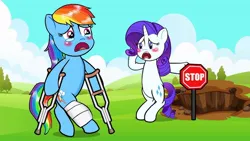 Size: 686x386 | Tagged: semi-grimdark, derpibooru import, rainbow dash, rarity, crying, hole, image, injured, jpeg, stop sign, weird youtube kids video, youtube thumbnail