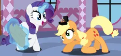 Size: 9406x4374 | Tagged: safe, artist:rainbowsurvivor, derpibooru import, applejack, rarity, earth pony, pony, unicorn, g4, 2018, applejack's hat, carousel boutique, cowboy hat, female, hat, horn, image, jewelry, jpeg, lesbian, magic, magic aura, mare, marriage proposal, rarijack, ring, shipping, telekinesis, wedding ring