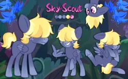 Size: 3294x2025 | Tagged: safe, artist:fillyfool, derpibooru import, oc, oc:sky scout, unofficial characters only, pegasus, pony, androgynous, big ears, blonde mane, blonde tail, colored wings, covering, covering crotch, crotch freckles, everfree forest, facial markings, feather fingers, female, filly, floppy ears, flustered, foal, folded wings, forest, forest background, freckles, front view, gradient hooves, gradient snout, grin, hair covering face, hair over eyes, hanging, hanging upside down, hooves, image, lanky, lying down, mealy mouth (coat marking), messy mane, middle feather, middle finger, name, on back, pink eyes, png, poison joke, raised hoof, raised leg, reference sheet, scrunchy face, short tail, show accurate, skinny, smiling, solo, spread legs, spread wings, spreading, standing, tail, tall, teenager, text, thin, three toned mane, three toned tail, tomboy, tree, two toned wings, underhoof, upside down, vulgar, wing gesture, wing hands, wings