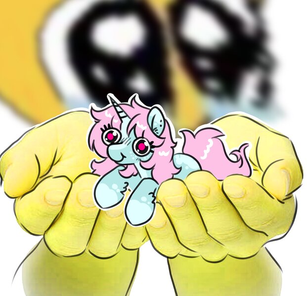 Size: 4096x3956 | Tagged: safe, artist:opalacorn, derpibooru import, oc, oc:scoops, unofficial characters only, pony, unicorn, big eyes, female, holding a pony, horn, image, in goliath's palm, jpeg, looking at you, lying down, mare, prone, size difference, smiling, smiling at you, solo focus, teary eyes