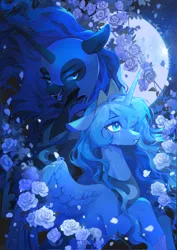 Size: 1448x2048 | Tagged: safe, artist:xieyanbbb, derpibooru import, nightmare moon, princess luna, alicorn, pony, crying, duality, female, flower, full moon, high res, image, jpeg, mare, moon, open mouth, open smile, rose, s1 luna, smiling