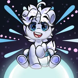 Size: 4000x4000 | Tagged: safe, artist:duckie, derpibooru import, oc, oc:moondrop mist, unofficial characters only, pony, unicorn, abdl, abstract background, bluey, colt, diaper, eye clipping through hair, eyebrows, eyebrows visible through hair, eyelashes, female, filly, foal, freckles, frog (hoof), horn, image, looking at you, male, mouth on side of face, open mouth, open smile, png, sleepytime, smiling, smiling at you, solo, space, stars, underhoof