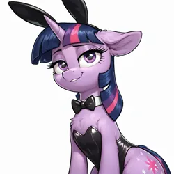 Size: 1024x1024 | Tagged: safe, ai content, derpibooru import, machine learning generated, prompter:thelight3d, stable diffusion, twilight sparkle, unicorn, g4, bunny suit, clothes, generator:pony diffusion v6 xl, horn, image, png, simple background, unicorn twilight