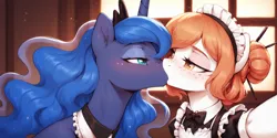 Size: 2400x1200 | Tagged: suggestive, ai content, derpibooru import, machine learning generated, prompter:greesys, princess luna, oc, oc:victoria orlova, earth pony, pony, clothes, duo, female, image, kissing, lesbian, maid, png