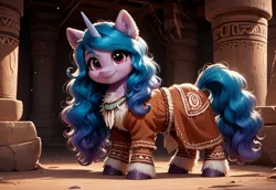 Size: 3072x2112 | Tagged: safe, ai content, derpibooru import, machine learning generated, prompter:kluknawa235, stable diffusion, izzy moonbow, unicorn, g5, blanket, building, chest fluff, clothes, decoration, ear fluff, horn, image, jpeg, smiling, tribal