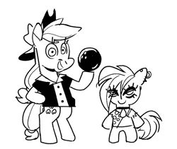 Size: 681x575 | Tagged: safe, artist:kyssimmee, derpibooru import, apple bloom, applejack, earth pony, pony, g4, apple sisters, bipedal, black and white, bowling ball, duo, duo female, eye clipping through hair, eyeshadow, female, filly, foal, gameloft, gameloft interpretation, grayscale, image, looking at you, makeup, mare, monochrome, png, siblings, simple background, sisters, smiling, smiling at you, white background