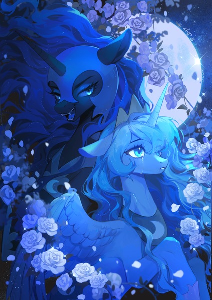 Size: 3307x4677 | Tagged: safe, artist:xieyanbbb, derpibooru import, nightmare moon, princess luna, alicorn, pony, crying, duality, female, flower, full moon, helmet, high res, image, jpeg, mare, moon, open mouth, open smile, peytral, rose, s1 luna, slender, smiling, thin