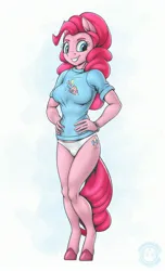 Size: 1864x3070 | Tagged: suggestive, alternate version, artist:mysticalpha, derpibooru import, pinkie pie, anthro, earth pony, pegasus, pony, unguligrade anthro, g4, breasts, busty pinkie pie, cameltoe, clothes, female, grin, hand on hip, image, jpeg, looking at you, mare, no pants, panties, pantless, signature, simple background, smiling, smiling at you, solo, solo female, underwear, white background