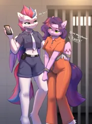 Size: 1535x2048 | Tagged: safe, artist:alphadesu, derpibooru import, pipp petals, zipp storm, anthro, unguligrade anthro, g5, belly, belly button, bound wings, clothes, commissioner:rainbowdash69, hehe, image, jail, jail cell, jpeg, never doubt rainbowdash69's involvement, police uniform, prison, prison cell, prison outfit, prisoner, prisoner pipp, smiling, smirk, wing cuffs, wings