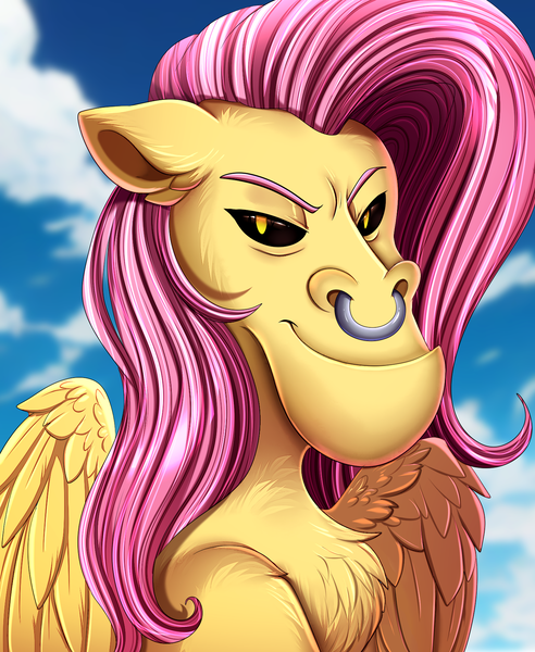 Size: 1446x1764 | Tagged: safe, artist:pridark, derpibooru import, fluttershy, lord tirek, pegasus, pony, cursed image, fusion, image, nose piercing, nose ring, piercing, png, solo, wat