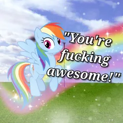 Size: 2048x2048 | Tagged: safe, artist:trrrebleee, derpibooru import, edit, rainbow dash, pegasus, pony, cloud, dreamcore, grass, image, liminal space, meme, png, positive ponies, rainbow, sky, text, vulgar