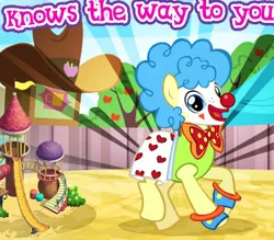 Size: 336x295 | Tagged: safe, derpibooru import, earth pony, pony, g4, clown, cropped, english, gameloft, happy, image, looking at you, male, meme, my little pony: magic princess, open mouth, open smile, png, rodeo clown, smiling, solo, stallion, text, topspin, wow! glimmer