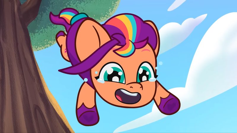 Size: 2160x1215 | Tagged: safe, derpibooru import, screencap, sunny starscout, earth pony, pony, g5, my little pony: tell your tale, spoiler:g5, spoiler:my little pony: tell your tale, spoiler:tyts02e11, baby, baby sunny starscout, crying, cute, falling, female, filly, filly sunny starscout, foal, image, mane stripe sunny, open mouth, open smile, png, smiling, solo, sunnybetes, tears of joy, tree, wingding eyes, written in the starscouts, younger