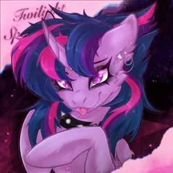 Size: 1181x1181 | Tagged: safe, artist:koffeemilk, derpibooru import, twilight sparkle, twilight sparkle (alicorn), alicorn, pony, g4, :p, alternate hairstyle, choker, eyeshadow, female, image, jpeg, looking at you, makeup, mare, piercing, punklight sparkle, smiling, smiling at you, solo, spiked choker, tongue out, tongue piercing