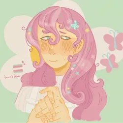 Size: 2984x2984 | Tagged: safe, artist:flutternutters, derpibooru import, fluttershy, human, g4, blushing, clothes, female, flower, flower in hair, humanized, image, jpeg, pride, pride flag, solo, sweat, sweatdrop, sweater, sweatershy, trans female, trans fluttershy, transgender, transgender pride flag