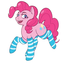 Size: 1200x1200 | Tagged: safe, artist:twoshoesmcgee, derpibooru import, pinkie pie, earth pony, pony, g4, clothes, cute, female, happy, image, png, simple background, socks, solo, striped socks, transparent background