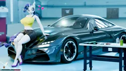 Size: 3840x2160 | Tagged: safe, artist:royalsimp, derpibooru import, rarity, anthro, unicorn, bottle, breasts, busty rarity, car, clothes, garage, heart, high heels, horn, image, midriff, png, shirt, shoes, shorts, tube top, wheel, workbench