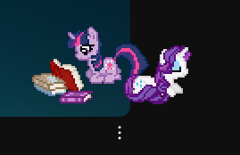 Size: 269x174 | Tagged: safe, derpibooru import, rarity, twilight sparkle, pony, unicorn, desktop ponies, digital art, female, horn, image, lesbian, lying down, mare, pixel art, png, ponyloaf, prone, screenshots, ship:rarilight, shipping, sprite