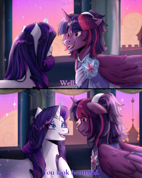 Size: 2000x2500 | Tagged: safe, artist:slapearl, derpibooru import, rarity, twilight sparkle, twilight sparkle (alicorn), alicorn, pony, unicorn, g4, alternate design, beautiful, comic, compliment, detailed background, dialogue, duo, duo female, english, female, horn, image, jpeg, lesbian, lips, mare, open mouth, open smile, ship:rarilight, shipping, smiling, talking