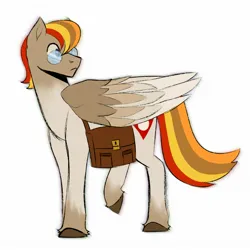 Size: 1800x1800 | Tagged: safe, artist:slapearl, derpibooru import, oc, unofficial characters only, pegasus, pony, bag, brown coat, folded wings, full body, image, jpeg, multicolored mane, multicolored tail, pegasus oc, pony oc, raised hoof, simple background, stallion oc, tail, tan coat, white background, wings