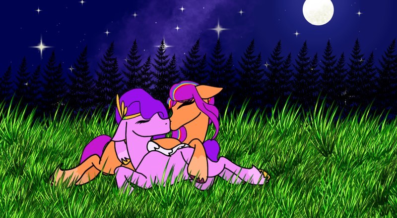 Size: 800x441 | Tagged: safe, artist:top_smoothie_seller, derpibooru import, pipp petals, sunny starscout, earth pony, pegasus, pony, g5, coat markings, cuddling, duo, duo female, eyes closed, female, image, jpeg, kiss on the lips, kissing, lesbian, mane stripe sunny, mare, moon, night, night sky, ship:petalscout, shipping, sky, socks (coat marking), stars