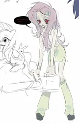 Size: 658x1024 | Tagged: safe, artist:wooodd_, derpibooru import, fluttershy, human, pony, equestria girls, g4, chainsaw, duality, fluttershed, humanized, image, jpeg, simple background, sketch, white background