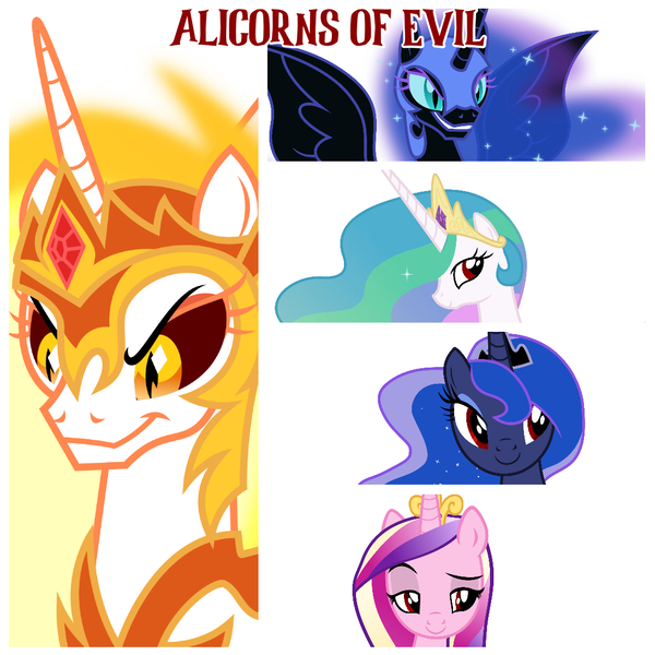 Size: 1080x1080 | Tagged: safe, artist:90sigma, artist:cloudy glow, artist:drakizora, artist:rustle-rose, derpibooru import, edit, editor:jaredking779, daybreaker, nightmare moon, princess cadance, princess celestia, princess luna, alicorn, pony, g4, alternate eye color, armor, crown, ethereal mane, female, image, jewelry, jpeg, mare, mind control, peytral, red eyes, regalia, simple background, smiling, starry mane, white background, wrong eye color