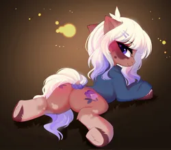 Size: 2048x1794 | Tagged: safe, artist:empress-twilight, ponerpics import, oc, unofficial characters only, pony, abstract background, butt, female, hooves, image, jpeg, looking back, mare, pillow, sweat