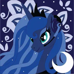 Size: 736x736 | Tagged: artist needed, safe, derpibooru import, princess luna, alicorn, pony, abstract background, bust, headphones, image, jewelry, jpeg, portrait, regalia, solo