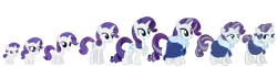 Size: 1475x360 | Tagged: safe, artist:dazzle, derpibooru import, rarity, pony, unicorn, age progression, clothes, coat, ear piercing, earring, eyeshadow, female, filly, foal, fur coat, gradient mane, grey hair, horn, image, jewelry, makeup, mare, older, piercing, png, simple background, transparent background, younger