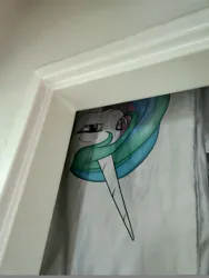 Size: 6120x8160 | Tagged: safe, derpibooru import, princess celestia, alicorn, pony, dakimakura cover, door, image, irl, jpeg, photo, smuglestia, upside down