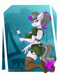 Size: 3200x4000 | Tagged: suggestive, artist:stainedglasslighthea, ponerpics import, oc, oc:hazel radiate, unofficial characters only, anthro, breasts, butt, clothes, female, food, image, jpeg, looking back, marshmallow, socks