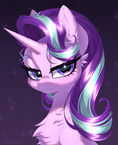 Size: 3777x4647 | Tagged: safe, artist:e-boi, derpibooru import, starlight glimmer, pony, unicorn, g4, blushing, chest fluff, cute, digital art, ear fluff, eye clipping through hair, eyelashes, eyeshadow, female, gradient background, high res, horn, image, lidded eyes, looking at you, makeup, mare, outline, png, purple background, purple eyes, purple mane, signature, simple background, smiling, solo, sparkles, stars, white outline, wingding eyes