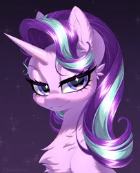 Size: 3777x4647 | Tagged: safe, artist:e-boi, derpibooru import, starlight glimmer, pony, unicorn, g4, blushing, chest fluff, cute, digital art, ear fluff, eye clipping through hair, eyelashes, eyeshadow, female, gradient background, high res, horn, image, lidded eyes, looking at you, makeup, mare, outline, png, purple background, purple eyes, purple mane, signature, simple background, smiling, solo, sparkles, stars, white outline, wingding eyes