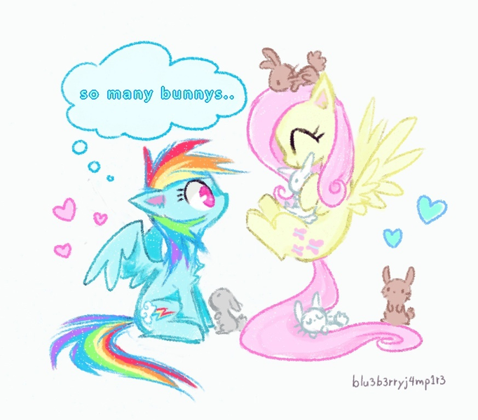 Size: 873x768 | Tagged: source needed, safe, artist:flutterberrypie, derpibooru import, angel bunny, fluttershy, rainbow dash, pegasus, pony, rabbit, g4, animal, cute, duo, eyes closed, female, flutterdash, flying, grammar error, heart, hoof hold, image, lesbian, mare, png, raised hoof, shipping, signature, sitting, wings